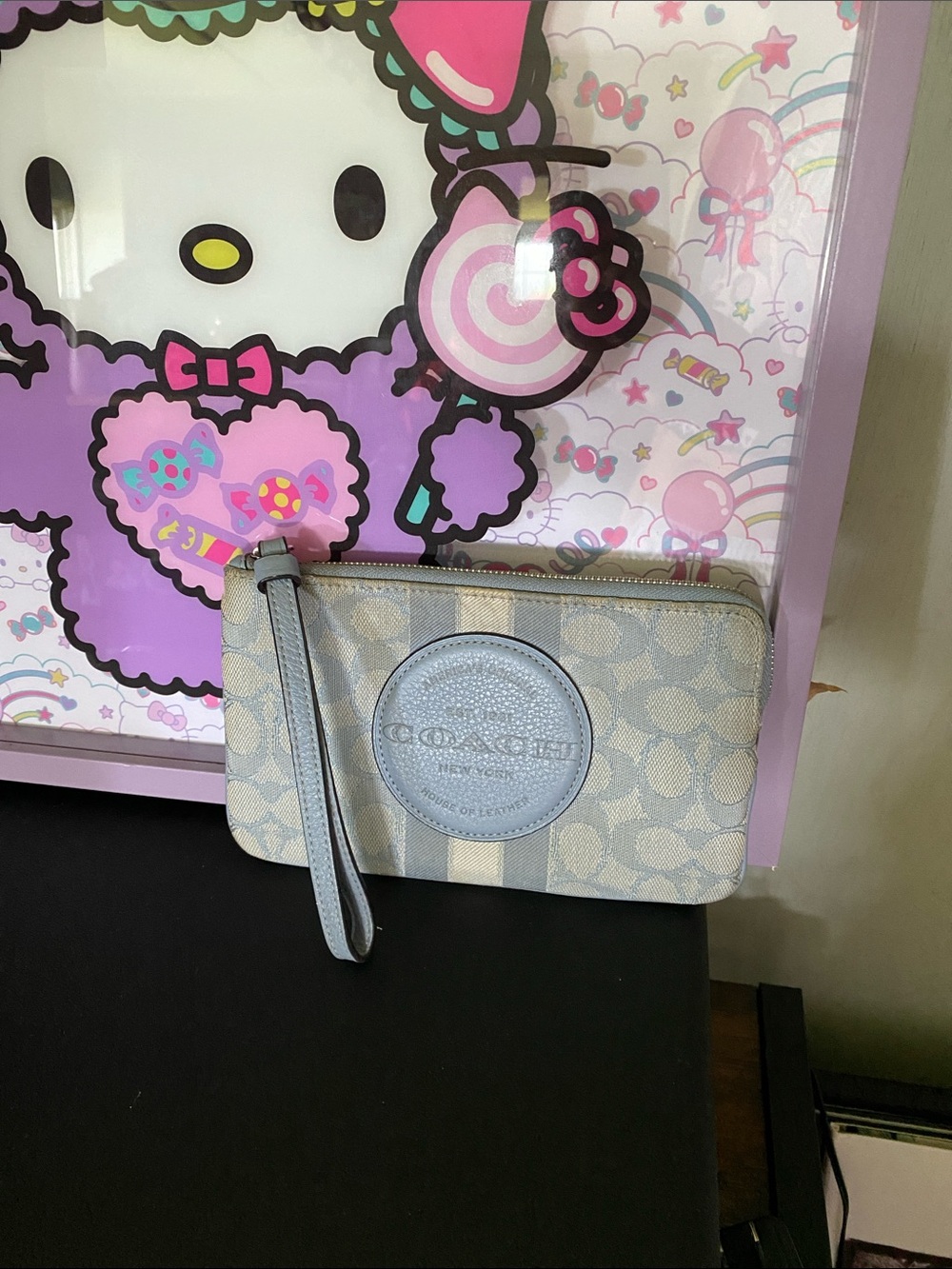 Coach Light Blue and Cream Signature Stripe Wristlet